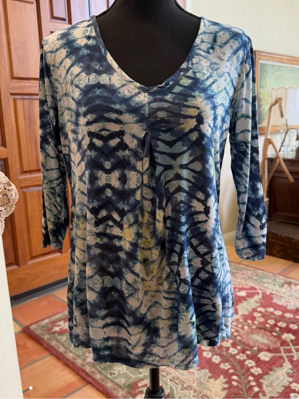 Women's DUNIA Blue Tie-Dye Print 3/4 Sleeve A-Line Swing Tunic Shirt Size M